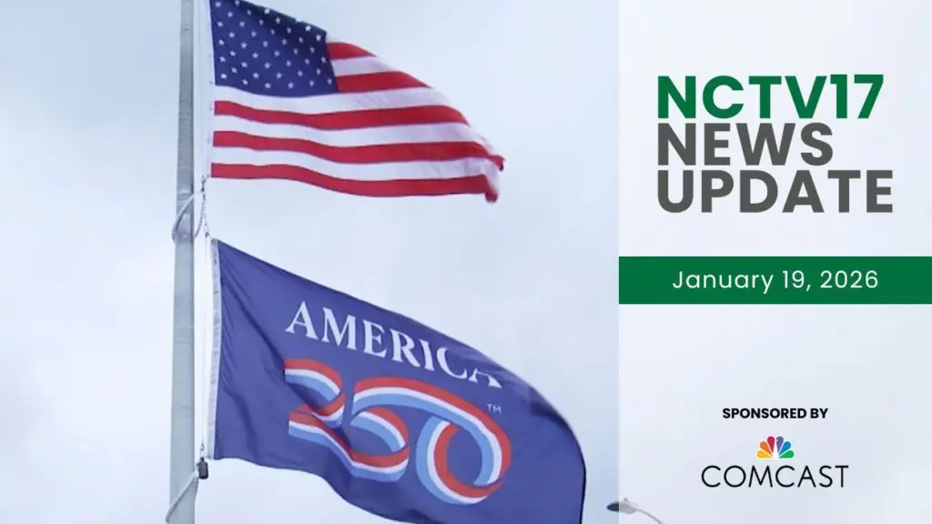 American flag and Naper Settlement's 250th anniversary flag