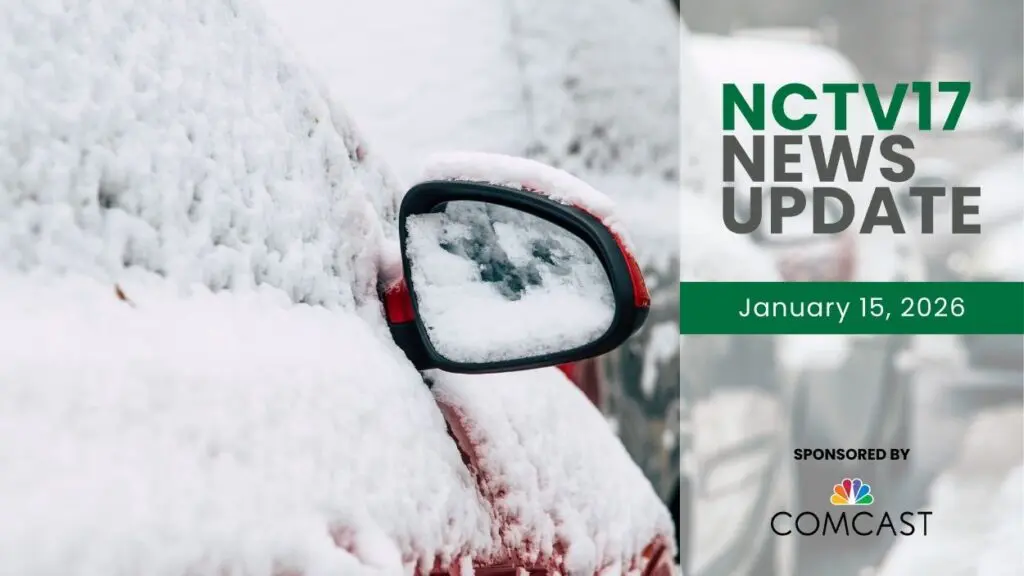 NCTV17 News Update slate for January 15, 2026 with snow covered cars and rear mirrors in background