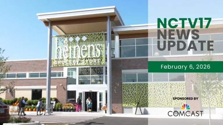 A photo of the exterior of Heinen's Grocery Store with an NCTV17 graphic beside it.
