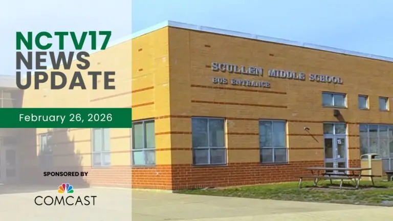 NCTV17 News Update slate for February 26, 2026 with Scullen Middle School exterior image in background