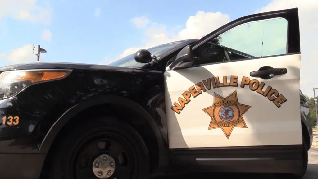 Shot of side of Naperville police car with door open and police logo visible