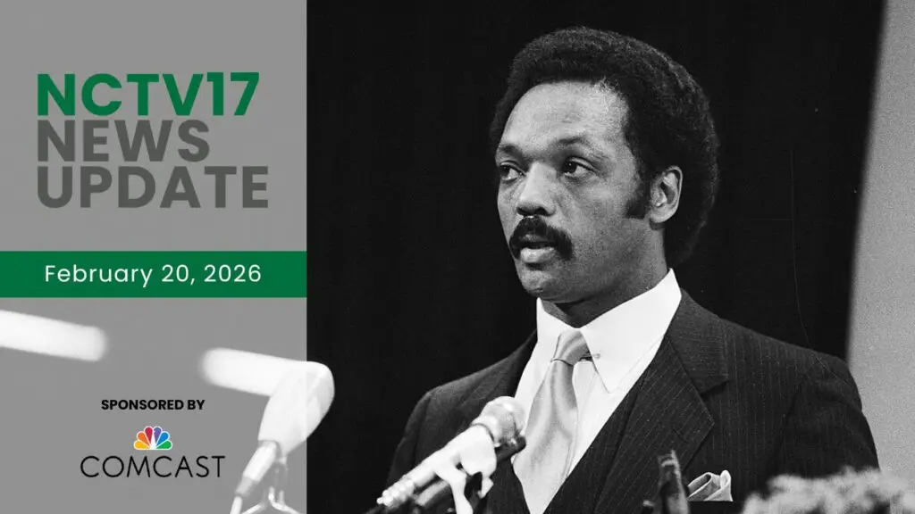 A black and white photo of Rev. Jesse Jackson alongside an NCTV17 News Update graphic.