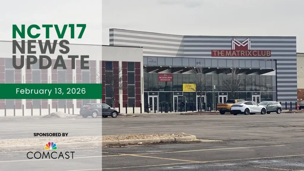 NCTV17 News Update slate for February 13, 2026 with image of The Matrix Club exterior in background