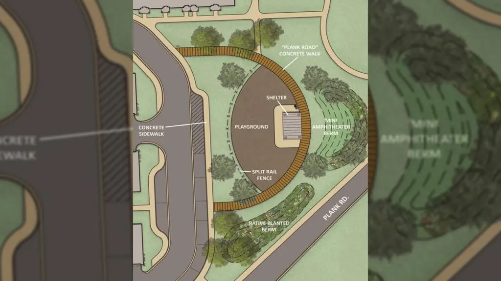 a rendering of a new park called Plank Road Park in Naperville