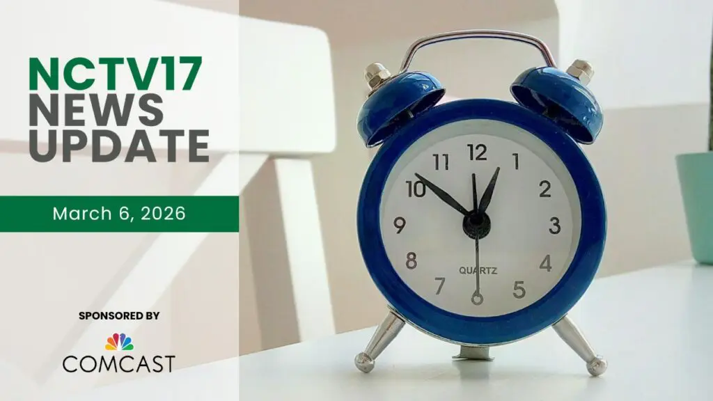 A photo of a clock for a story on daylight saving time, alongside an NCTV17 News Update graphic.