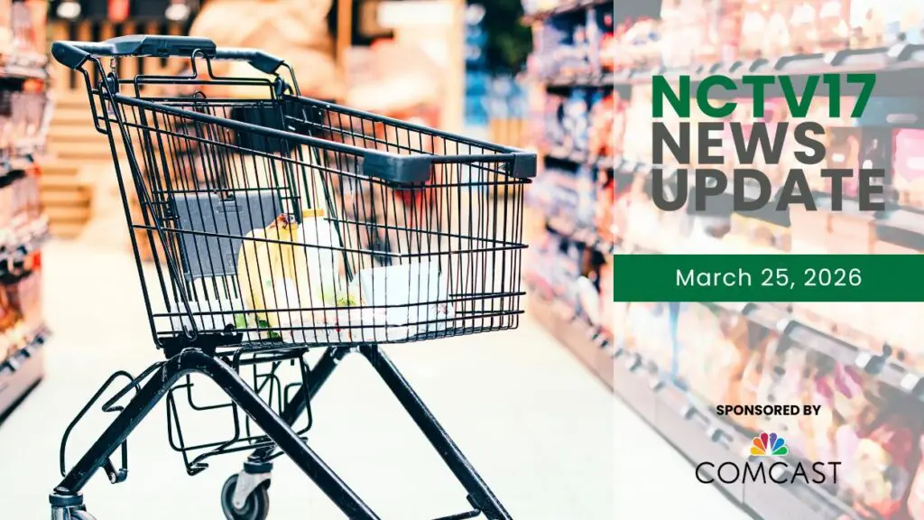 NCTV17 News Update slate for March 25, 2026 with grocery cart in middle of grocery store aisle