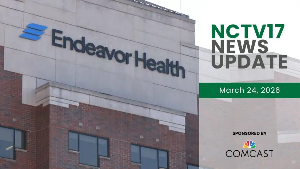 NCTV17 News Update slate for March 24, 2026 with an Endeavor Health Edward Hospital sign in background