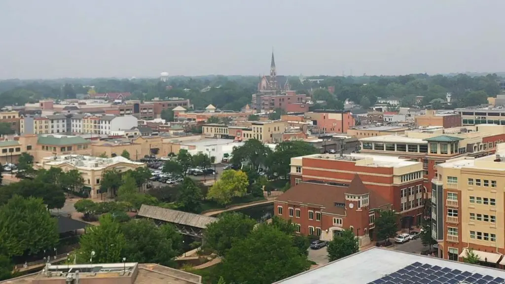 Drone shot overlooking downtown Naperville for story on Naperville financial standing