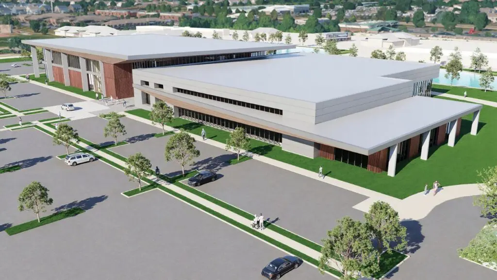 Rendered image showing wide shot of exterior of new Naperville Park District Frontier Sports expansion facility center