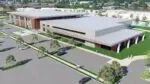 Rendered image showing wide shot of exterior of new Naperville Park District Frontier Sports expansion facility center