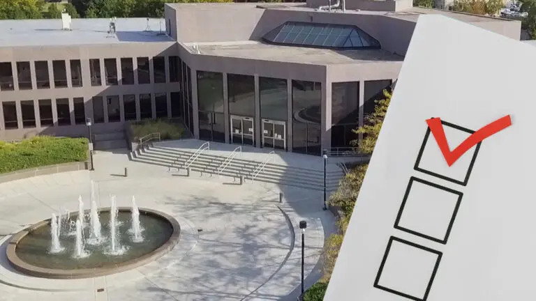 A stock image of what appears to be a survey over a drone shot of the Naperville Municipal Center