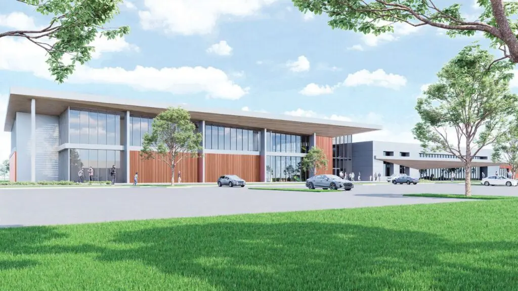 Rendering of exterior of new proposed recreation center housing indoor pool by Naperville Park District
