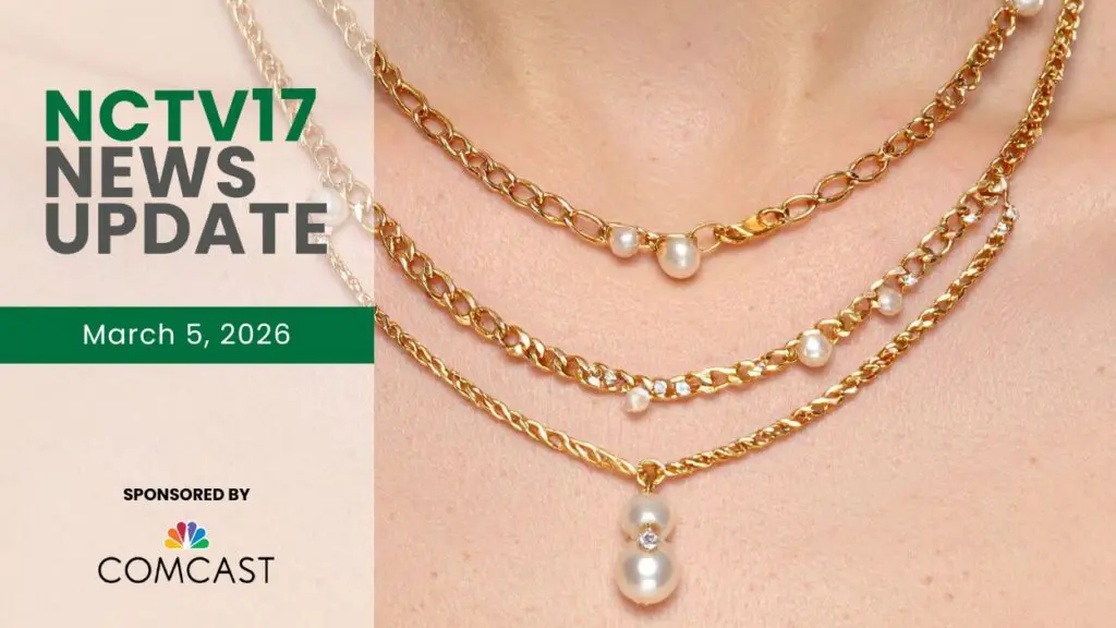 NCTV17 News Update slate for March 5, 2026 with gold necklaces in background