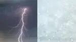 Split image of lightning storm and snow falling