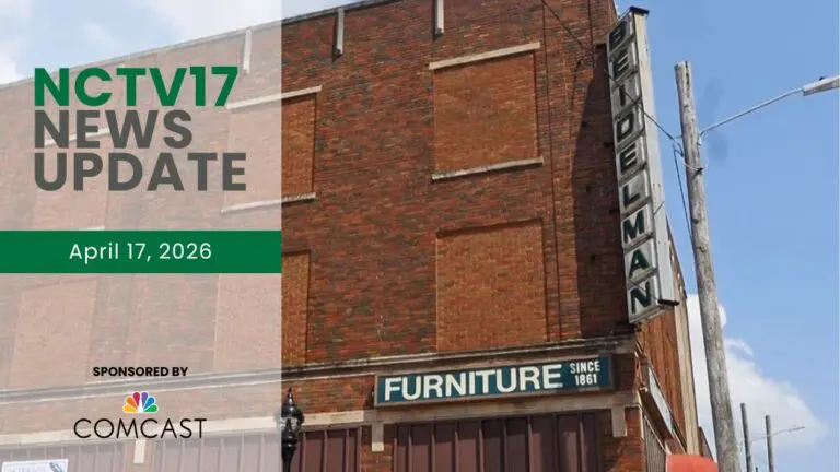 NCTV17 News Update slate for April 17, 2026 with Beidelman Furniture store sign in background