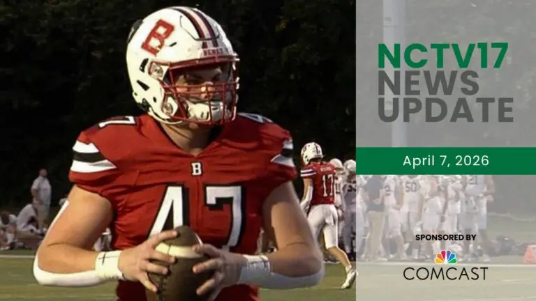 NCTV17 News Update slate for April 7, 2026 with image of Benet football player in background