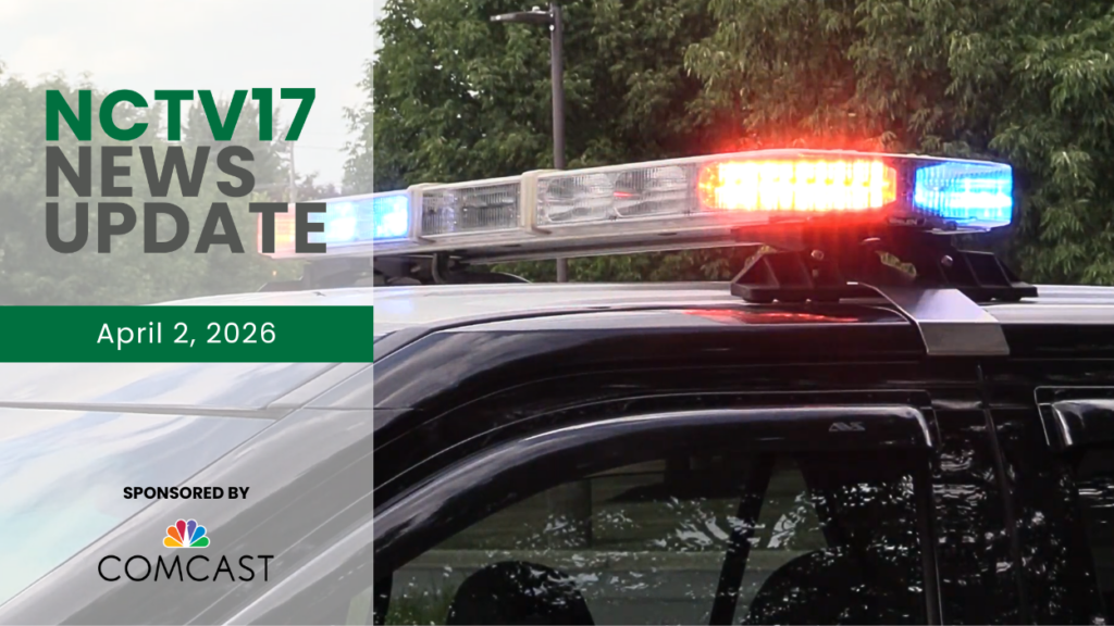 A close up photo of police lights on a Naperville Police car as police investigate threats to Naperville D203 schools. Photo is alongside an NCTV17 News Update graphic.