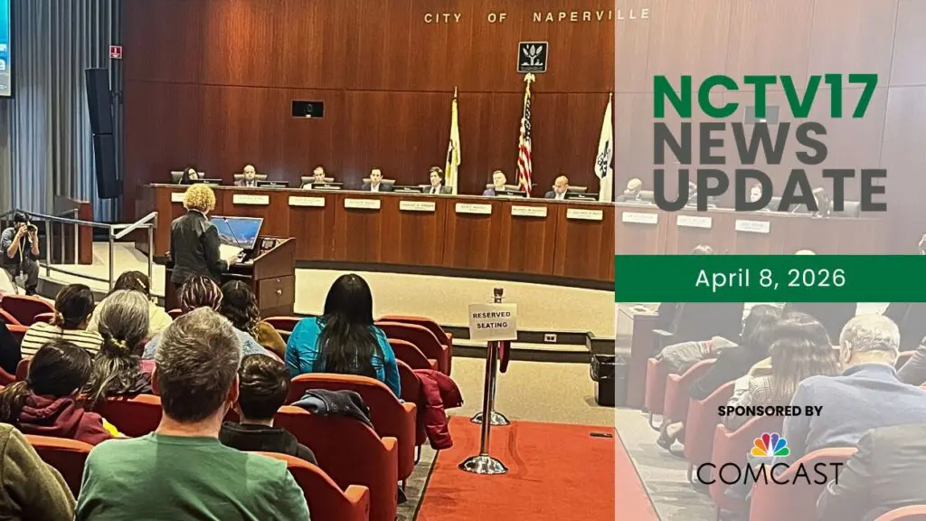 NCTV17 News Update slate for April 8, 2026 with wide shot of city council meeting in background