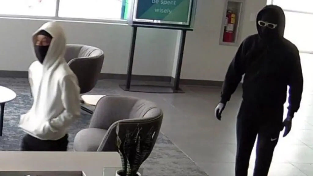 The two suspects in a Naperville bank robbery are seen walking inside the bank, one is a white sweatshirt and the other in a black sweatshirt. They both have black facial coverings on.