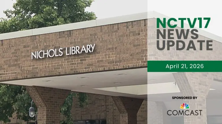 NCTV17 News Update slate for April 21, 2026 with Nichols Library sign in background