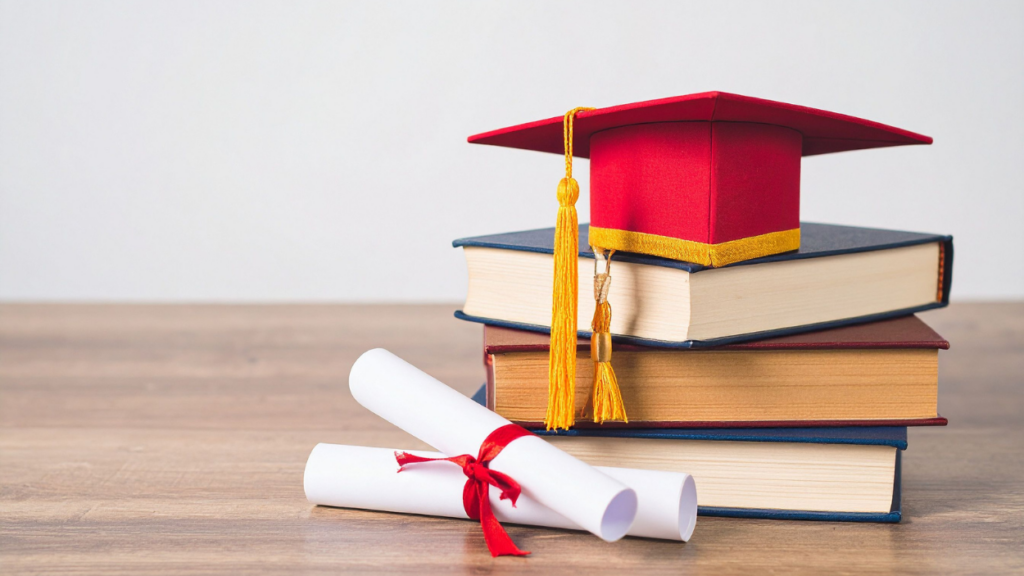 Graduation cap and diploma on stacked textbooks.