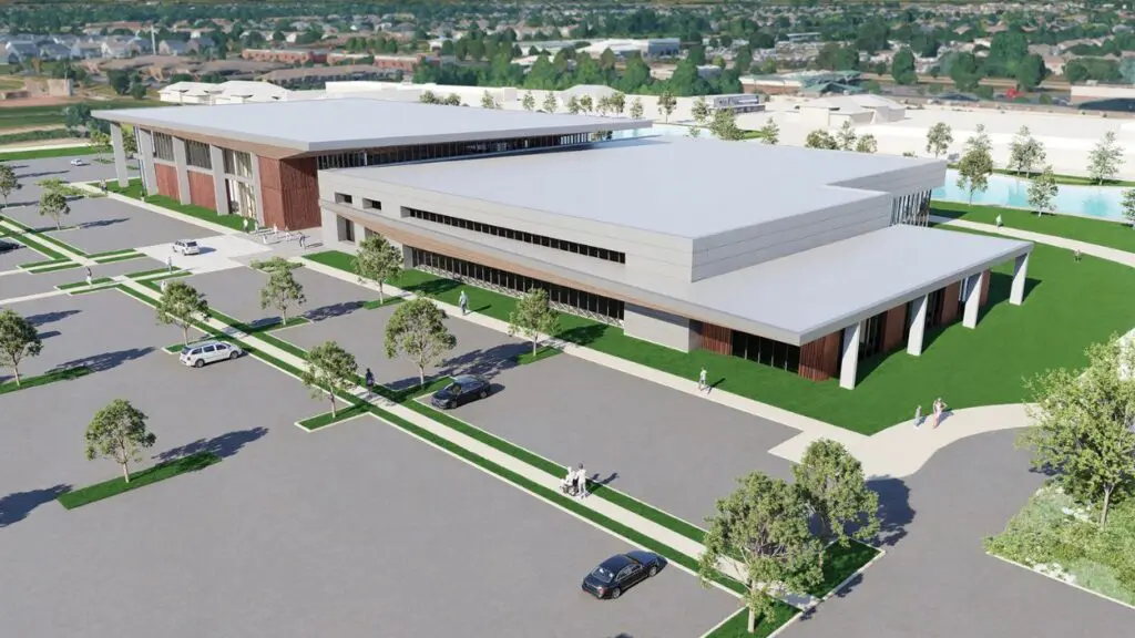 Rendered image of exterior of Frontier Sports Complex activity center