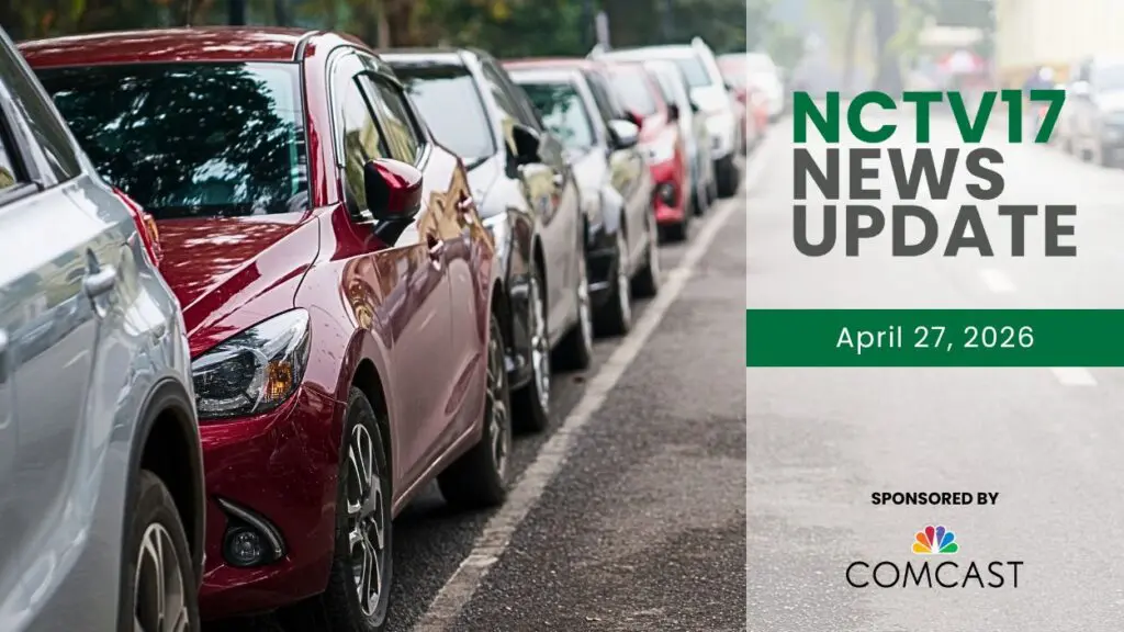 NCTV17 News Update slate for April 27, 2026 with cars parked on side of road