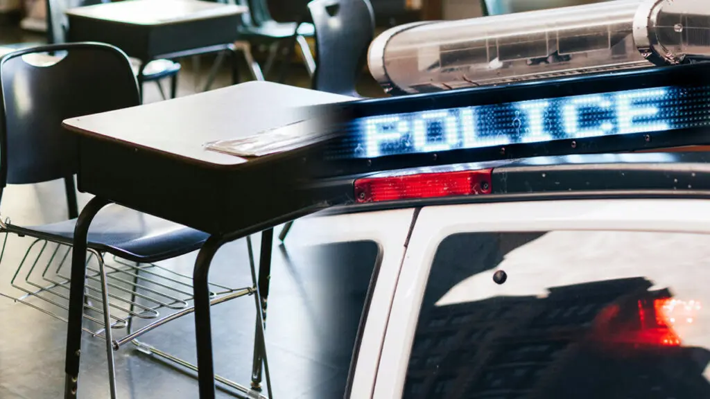 school desk and top of police car side by side