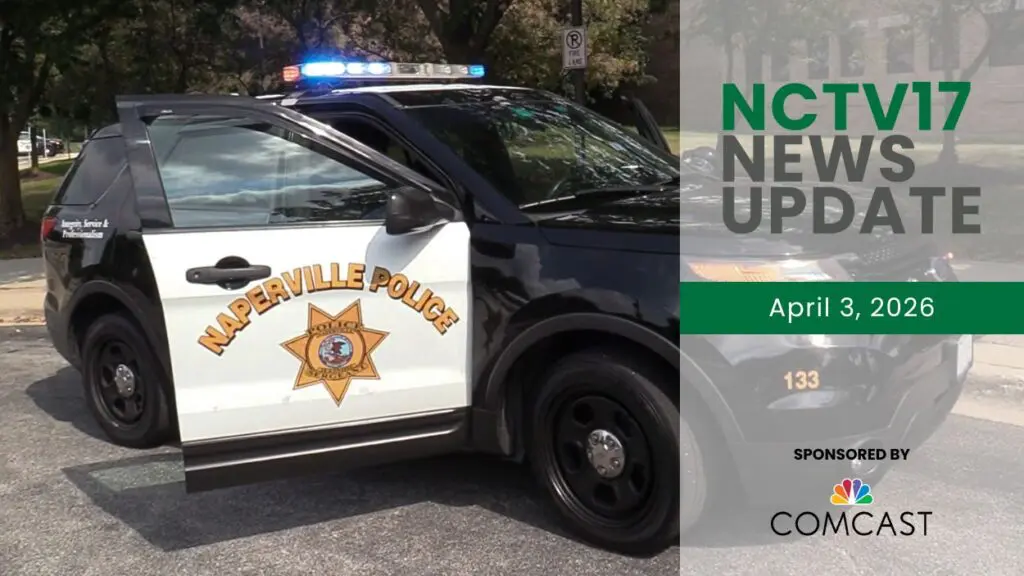 A photo of a Naperville Police car with the doors open, for a story on Naperville police arresting four at a "teen takeover." Photo is alongside an NCTV17 News Update graphic.