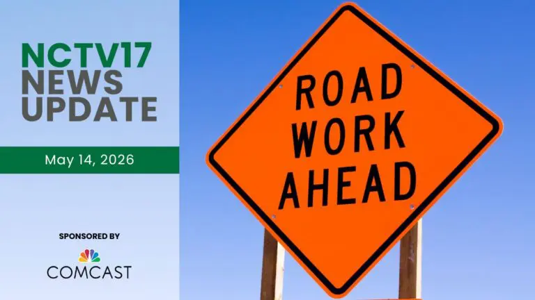 NCTV17 News Update slate for May 14, 2026 with roadwork ahead sign in background