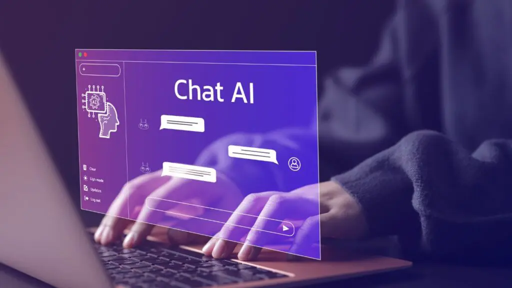 Hands on a computer with a digital graphic depiction of a Chat AI