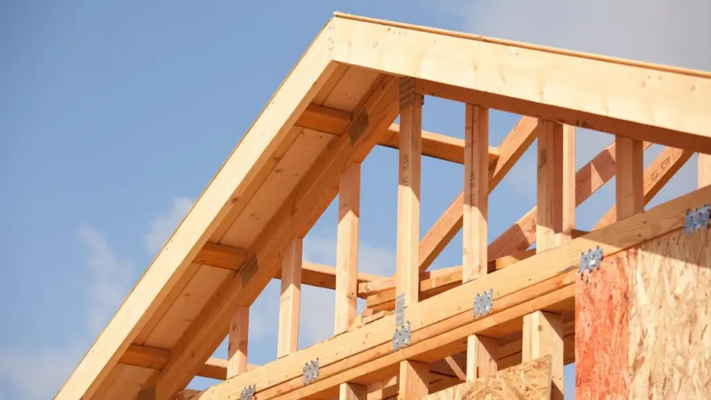Close up of top of wood framing for roof of house