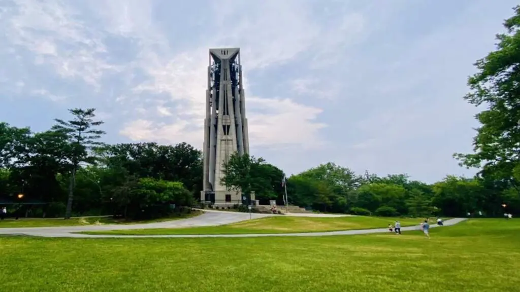 Wide shot of Moser Tower which holds the Millennium Carillon in Naperville