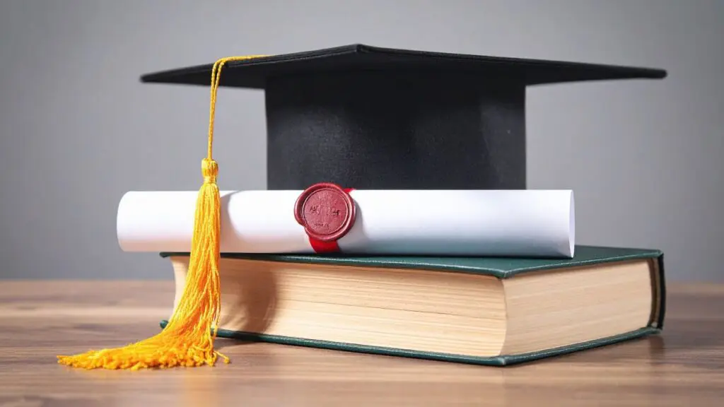 Graduation hat sitting atop a book with a diploma in the pile as well