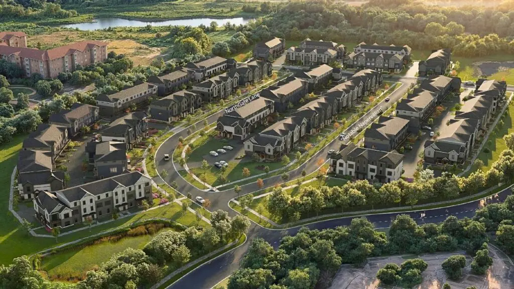 Rendering of new Northgate of Naperville townhome development aerial shot looking at all the units by M/I Homes