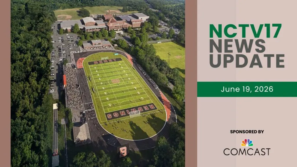 NCTV17 News Update slate for June 19, 2025 with rendered image of Benet stadium aerial courtesy of Benet Academy in background