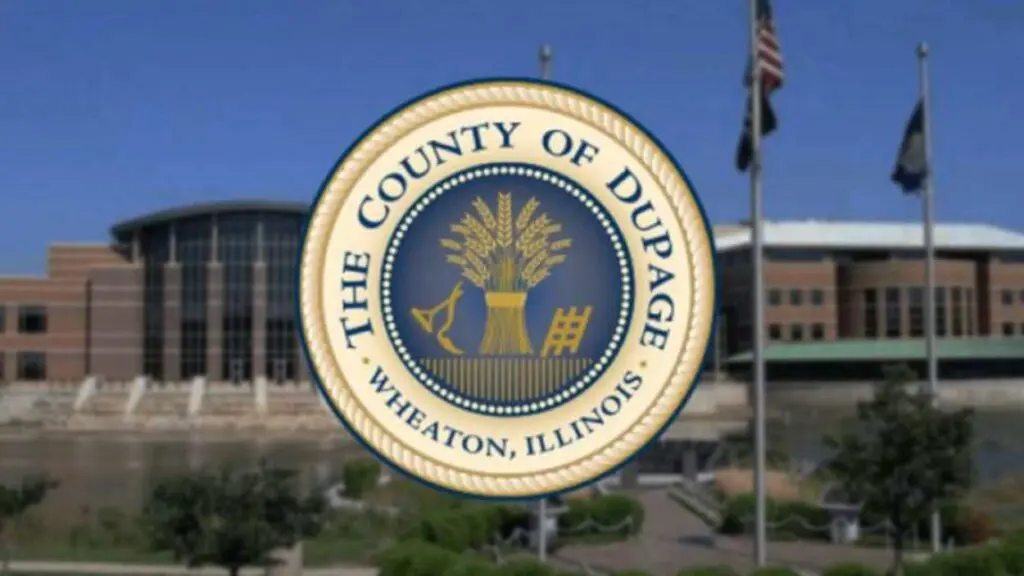 DuPage County seal set over background of DuPage County courthouse judicial center