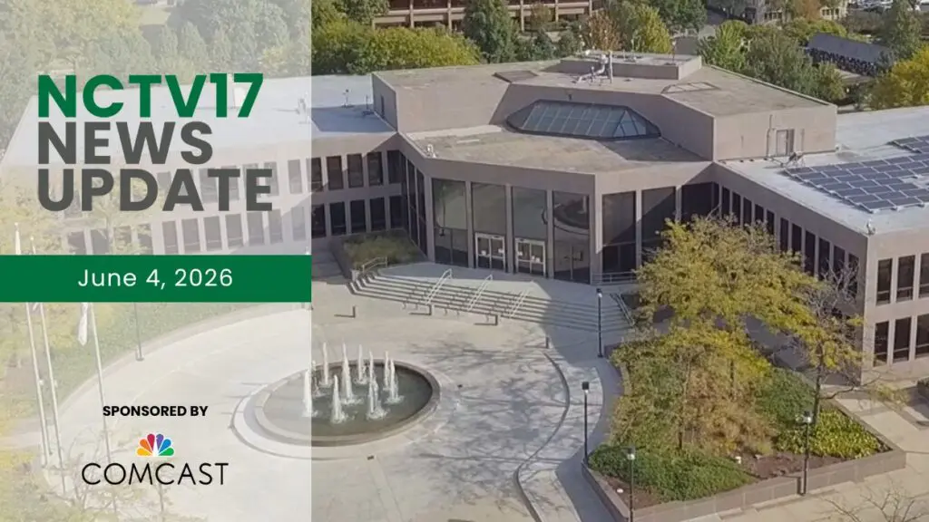 NCTV17 News Update slate for June 4 with drone shot of Naperville city hall in background