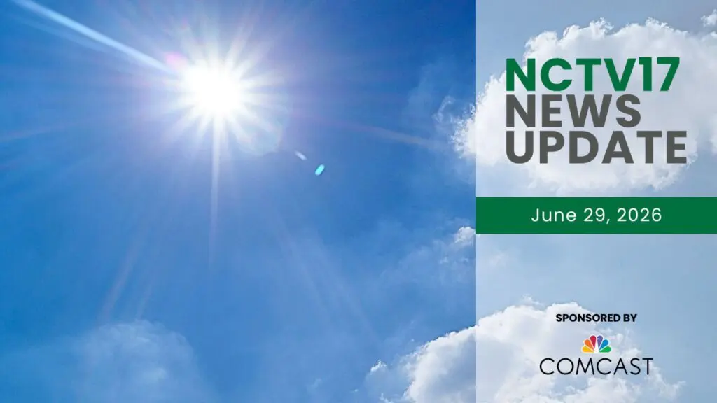 A photo of the bright sun surrounded by two clouds along side an NCTV17 News Update graphic.