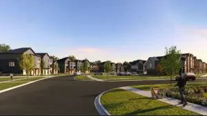 Looking north at entrance of Northgate of Naperville complex image rendering courtesy MI Homes