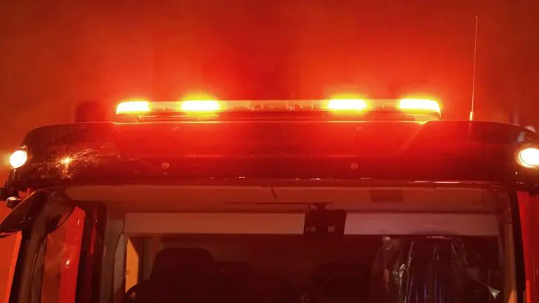 Close up of red lights on fire truck for story on Naperville house fire