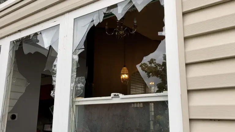 A shattered window as a result of the 2021 Naperville tornado