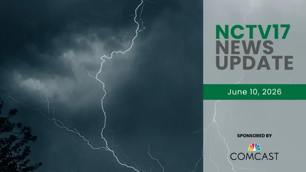 NCTV17 News Update slate for June 10, 2026 with lightning and dark storm clouds in background