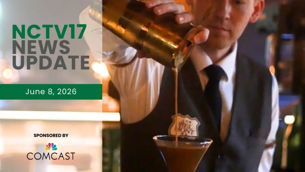 NCTV17 News Update slate for June 8, 2026 with bartender pouring drink at The Belmont in background