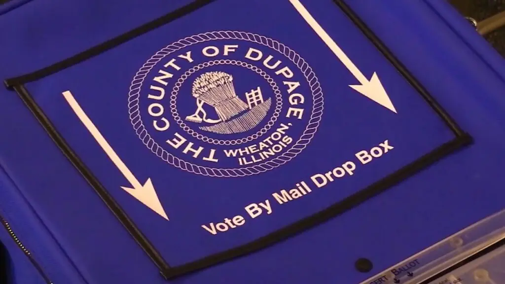 Close up of top of County of DuPage vote by mail drop box