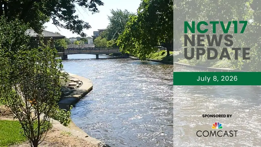 A picture of the DuPage River in downtown Naperville alongside an NCTV17 News Update graphic.