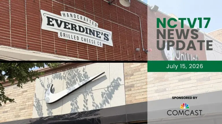 NCTV17 News Update slate for July 15, 2026 with image of Everdine's sign and Nike sign in background