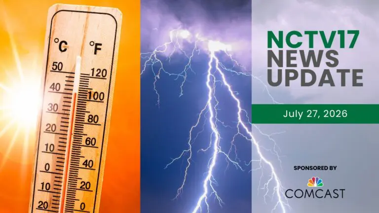 NCTV17 News Update template for July 27, 2026 with thermometer and lightning in background