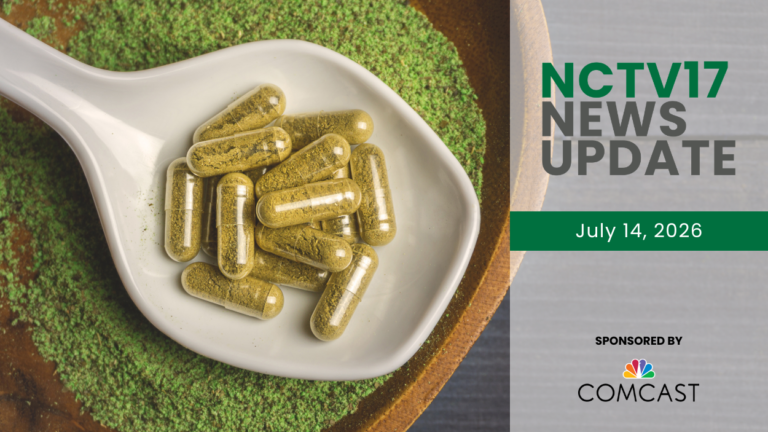 Kratom powder and pills with news update graphic