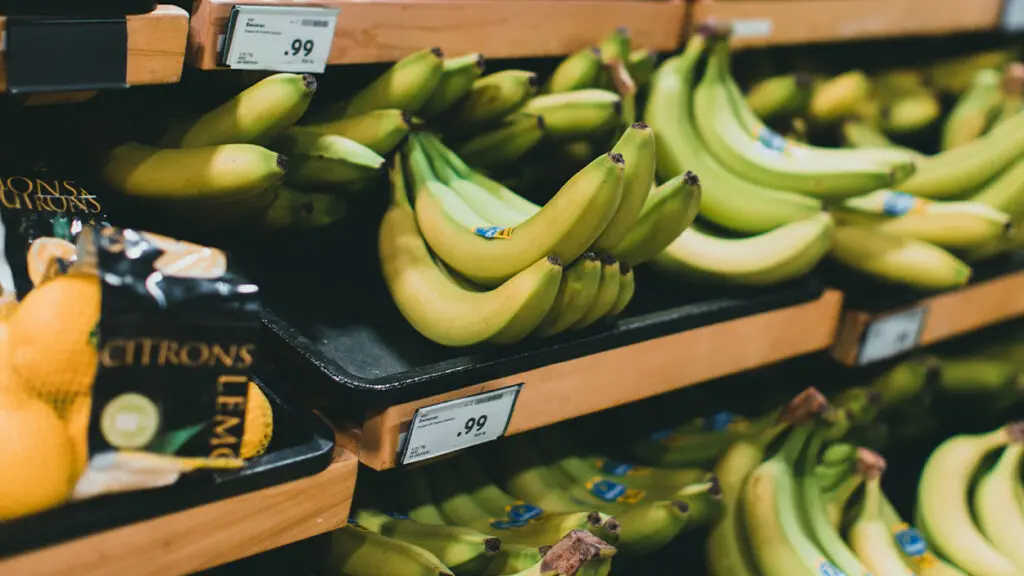 bananas on grocery store shelf